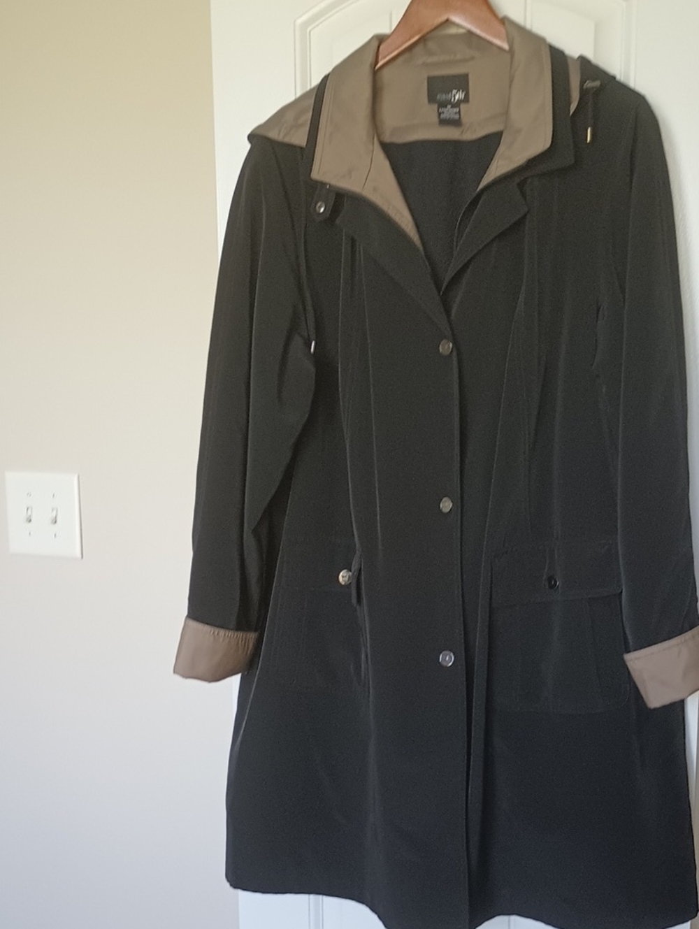 East 5th Womens 1X Navy Trench Coat Detachable Hood Brown Trim